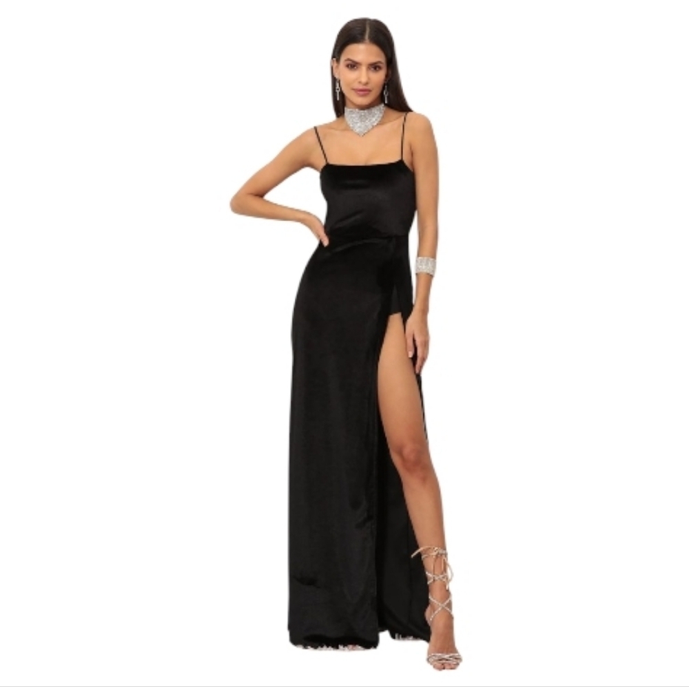 Lucy In The Sky Gianna Black Velvet Side Slit Open Back Maxi Dress Size Medium